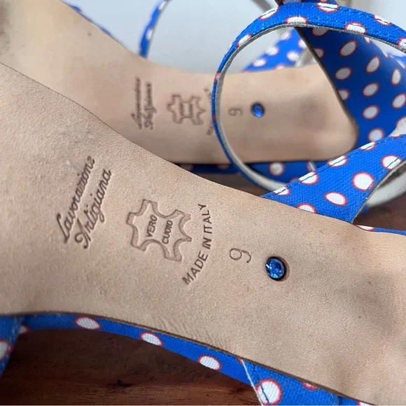 Something Bleu, polka dot sandals, blue/orange/white. Leather sole, size 9 - Picture 3 of 8